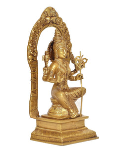 Brass Rajarajeshvari idol, other side angle, arched halo and ornate holding spear