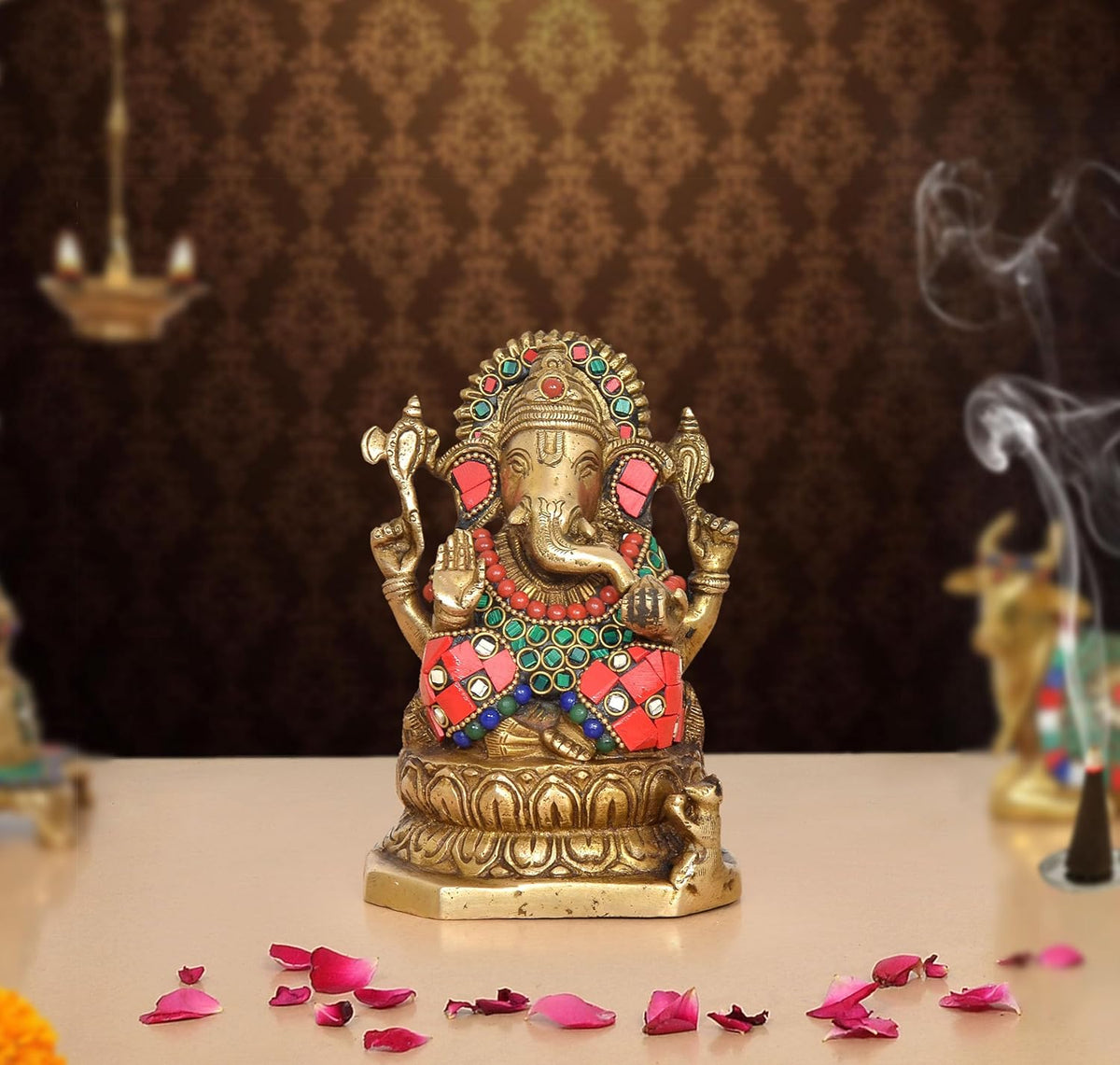 6-inch brass Ganesha statue, red/green/blue jeweled details, seated on base