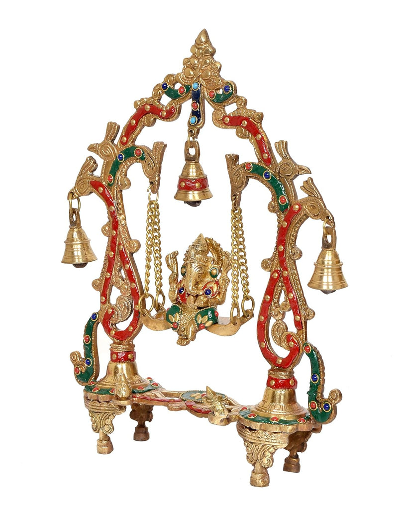 Brass Ganesha Playing On Swing Ganesha Jhula Decorative Showpiece Multicolour (Height 14 Inch)