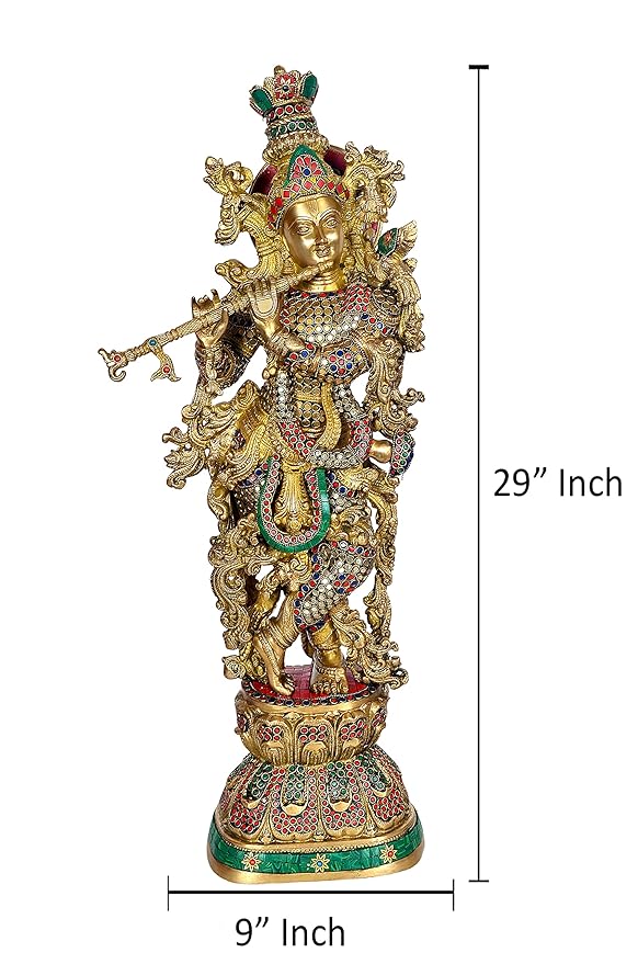 Brass Large Standing Krishna Statue with Inlay Work Idol Krishna Statue with Flute Height 30 Inch