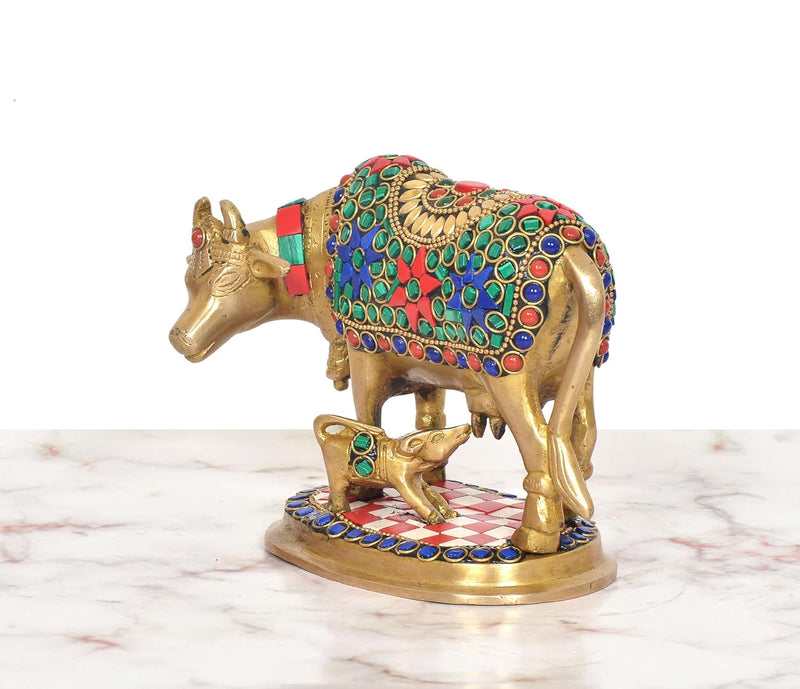 Brass Kamdhenu Cow with Calf Showpiece (Height: 5 inch)