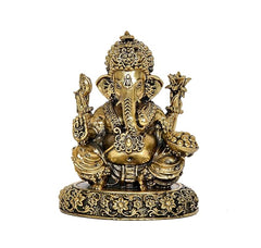 Brass Ganesha statue front view, detailed crown, four arms and ornate pedestal