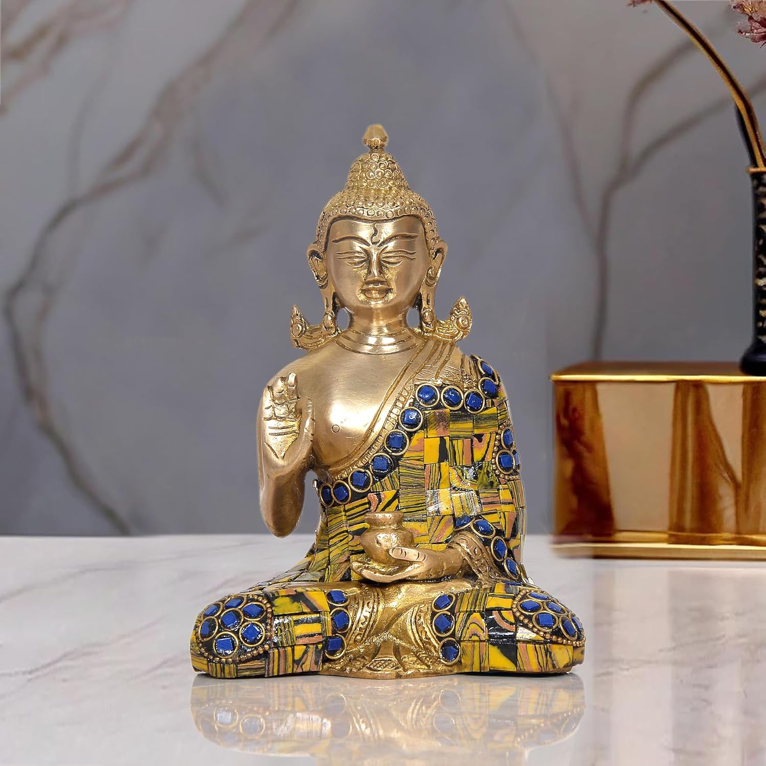 Brass Buddha Statue - Handcrafted Spiritual Multicolor Stone Handwork Decor for Home and Office Decor - Meditating Buddha Idol (Height 6.5 Inch)