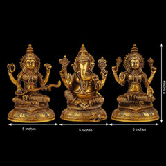 Brass Lakshmi Ganesha Saraswati idol set, 8 inches tall, three figures shown