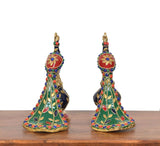Brass peacock figurines showing underside fan tail, multicolor gems and gold bases