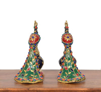 Brass peacock figurines showing underside fan tail, multicolor gems and gold bases