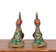 Brass peacock figurines showing underside fan tail, multicolor gems and gold bases