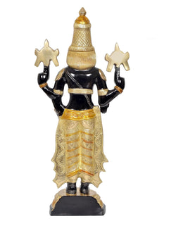 Brass Bala Ji idol rear view with patterned golden cloth and four-armed stance on base