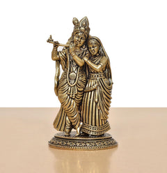 Superfine brass Radha Krishna idol, front view, detailed crowns and jewelry