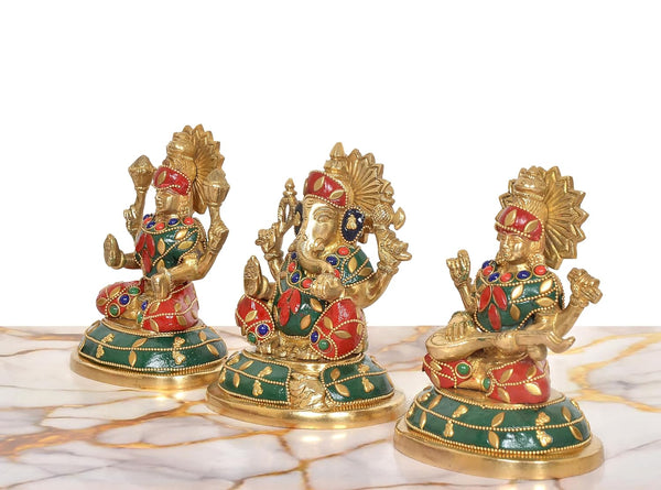 Brass Lakshmi Ganesh Saraswati Idol (Height: 5 Inch) (Multicolor 1) Study Setting