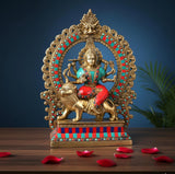 Brass Durga Maa statue with multicolor halo and lion figure, 14.5 inch