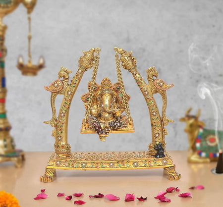 Brass Ganesha Swinging Jhula Idol with Meenakari Work (Height 10 Inch)
