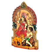 Durga Mahishasura Mardini resin idol, 10 inches, side view with red-draped deity and lion