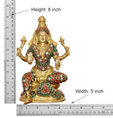 Lakshmi brass statue with dimensions: height 8 inch, seated pose with red-green gemwork
