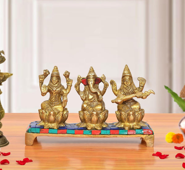 Brass Lakshmi Ganesha Saraswati Idol (Height: 3.5 inch)