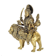Messing-Durga-Statue auf Löwe, Krone, erhobenes Schwert und Gefäß-Arm