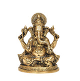 Gold-tone brass Ganesha idol statue, frontal view with halo and detailed face, 5.5 in