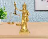 Brass Lady Justice statue with scales, standing woman holding balance scale, gold tone