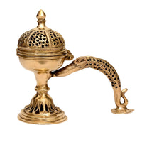 Brass dhoop batti stand, perforated dome lid on top bowl, curved legs and handle