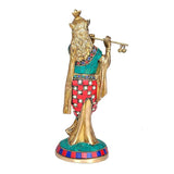 Dattatreya brass Krishna figurine back/side, crown and flute, teal and red trim