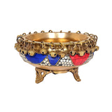 Multicolour brass urli bowl with gold chain and hanging bells, side view