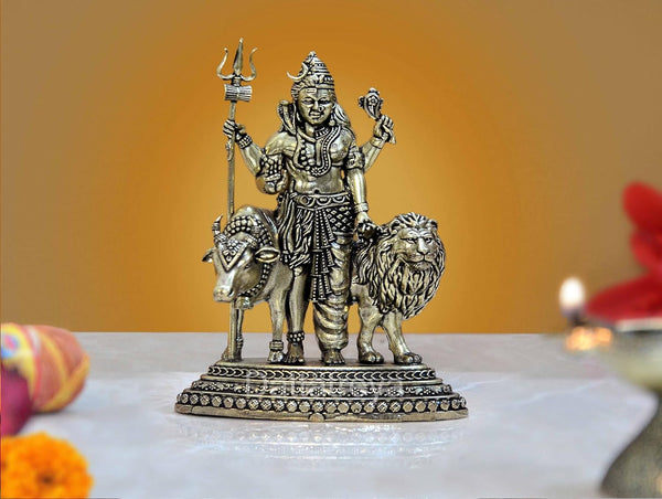 Superfine Brass Ardhanarishvara Shiva and Parvati with Nandi and Lion | Pooja Home Decor Mandir | (Height : 4.5 inch)