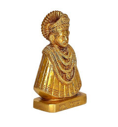 Golden brass Khatu Shyam ji idol statue, angled view, circular headpiece details