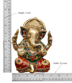Brass Ganesha idol size: 7 inch height, 5.5 inch width (seated figure with jeweled detailing)