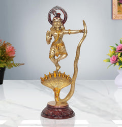 Brass Krishna statue dancing on Kaliya serpent, halo and maroon pedestal base