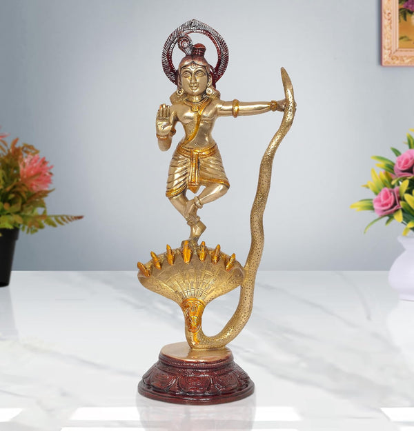 Brass Krishna Bhagwan Murti Dancing on Kaliya Naag Religious Statue for Home Temple Pooja Mandir Office Decor (Height 13 Inch)