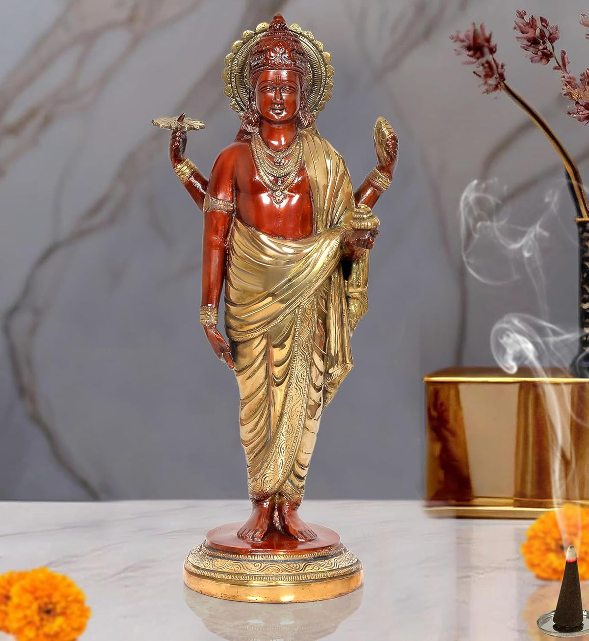 Dhanvantri brass statue, red deity body with gold robe and four arms, round base