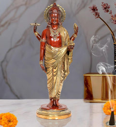 Dhanvantri brass statue, red deity body with gold robe and four arms, round base