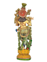 Back view of Lord Krishna resin sculpture playing flute, colorful back detailing and base