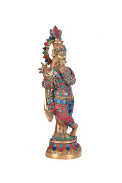 Lord Krishna brass idol, full-body side view with multicolor inlay and standing base