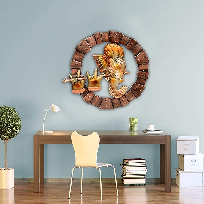 Iron Lord Ganesha playing flute Wall Decor with LED Light (Height: 18 Inches)