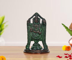 Brass Tirupati Balaji idol, front view, 4 inch height, ornate standing deity in green finish