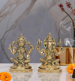 Brass Lakshmi & Ganesh statue, seated figures with raised hands, ornate detailing