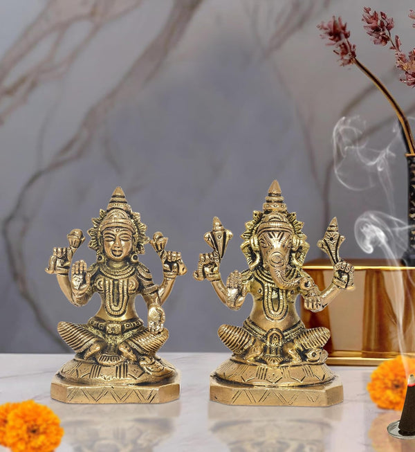 Brass Laxmi Ganesh Statue - Handcrafted Goddess Lakshmi and Lord Ganesha Idol for Home Decor and Pooja (Height 5 Inch)