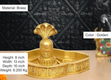 Brass Shiva Ling murti, golden color; height 8 inch ornate tray base