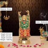 Brass laughing Buddha statue, 8.5 in tall, multicolor jeweled enamel pattern