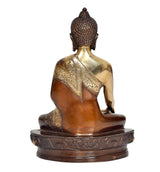 Rear view of brass Buddha statue, seated meditating pose, detailed head and robe, dark base