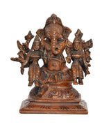 Brass Ganesha with Riddhi and Siddhi idol, front view, seated with detailed faces