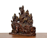 Brass Shiv Parivar statue side view, central Shiva seated with attendants, jeweled detailing