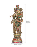 Brass Krishna sculpture, front view with height 29 in and width 9 in