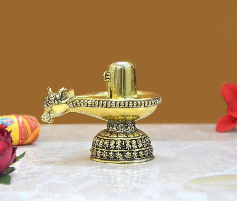 Bronze Shiva Ling Murti Shivling with Nandi Maharaj Figurine Bronze Sculpture Deity Lord Shiva Statue Hindu Puja Vastu Gifts Home Decor Height: 3 inch