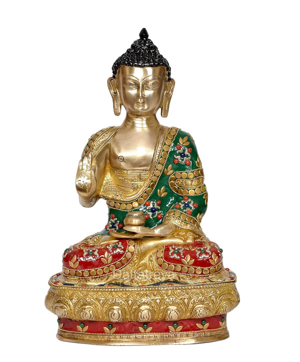 Brass Buddha Statue - Handcrafted Spiritual Decor for Home and Office - Meditating Buddha Idol (Height 12 Inch) (Green)