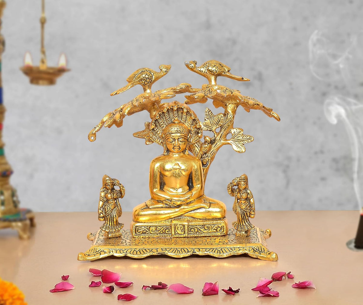 Mahavir Swami metal idol, seated figure with ornate tree and bird motifs