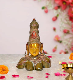 Parvati brass bust statue, golden face, red accents, multicolor, 10-inch home decor