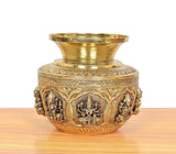 Brass kalash lota angled view, central Lakshmi figure with ornate engraved band, 5 in