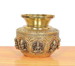 Brass kalash lota angled view, central Lakshmi figure with ornate engraved band, 5 in